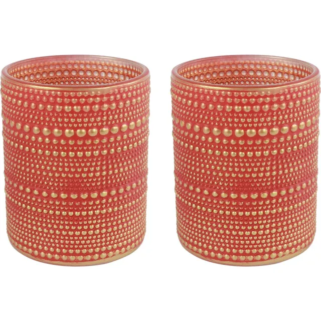 Countryfield Luxe theelichthouder - 2x stuks - Aurora - glas - rood/goud - D7 x H8 cm