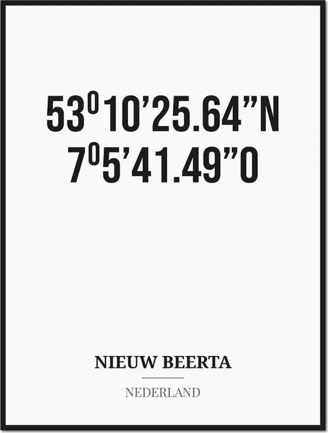 Studio216 Poster/kaart NIEUW BEERTA met coördinaten zwart, wit