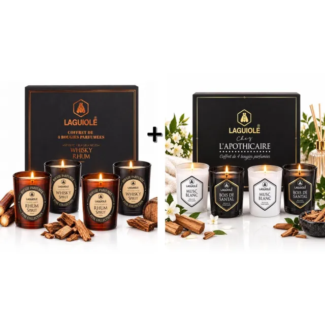 Prof-Fire Laguiole Geurkaarsen Dubbele Luxe Geschenkdoos - 1 Geschenkdoos (Sandelhout + Musc Blanc ) + 1 Geschenkdoos (Whisky - Rum) Mix Zwart - Wit - Bruin