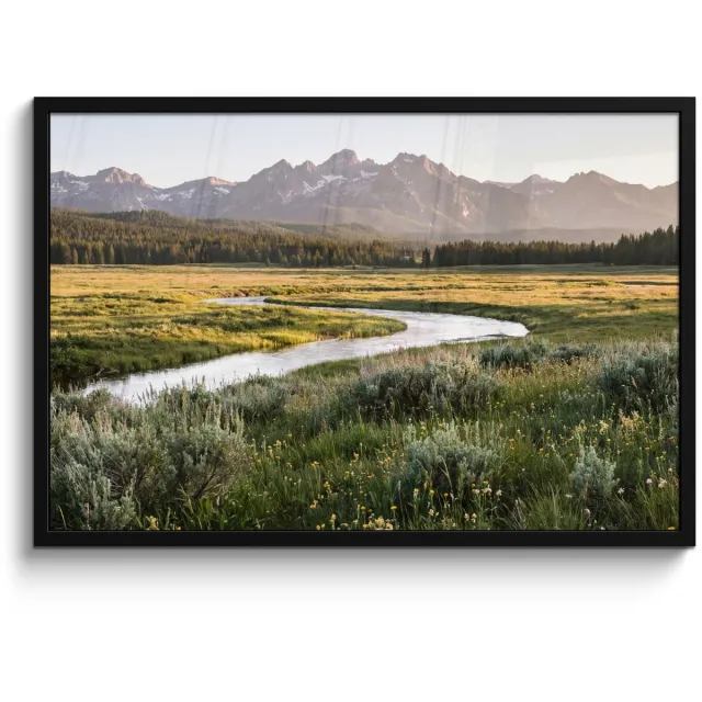 FrameYourWall Poster in lijst - Fotolijst 90x60 cm - Posters - Berglandschap - Rivier - Bos - Posterlijst zwart - Decoratie - Wanddecoratie woonkamer - Muurdecoratie slaapkamer