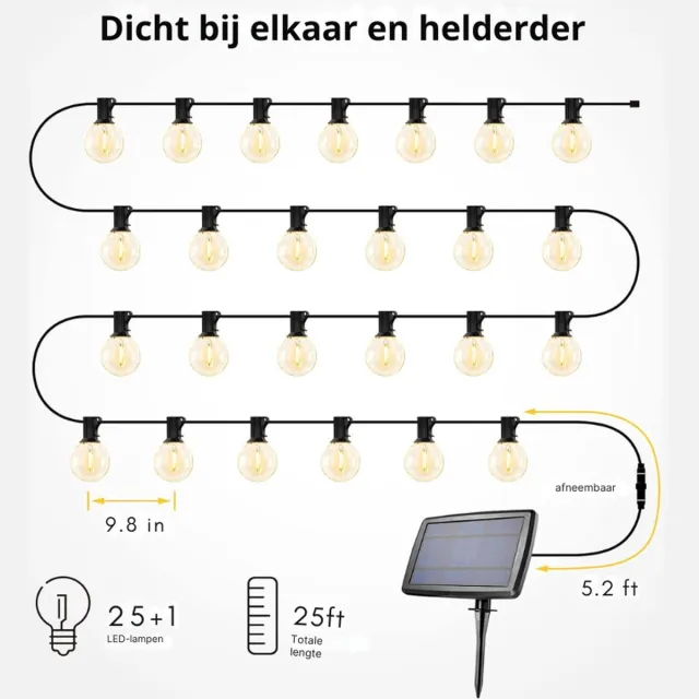 PEAM LE Led Lichtketting Buiten op Zonne Energie 7 62m G40 25 Gloeilampen Waterdicht Lichtsnoer Met 4 Modi Warmwit Lichtketen Met Lichtsensorverlichting Decoratieve Feestlichtketting Voor Tuin Terras