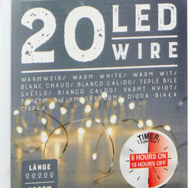 Cepewa Draadverlichting lichtsnoer - 2x - 220 cm - 20 leds - warm wit - batterij - timer - kerstverlichting