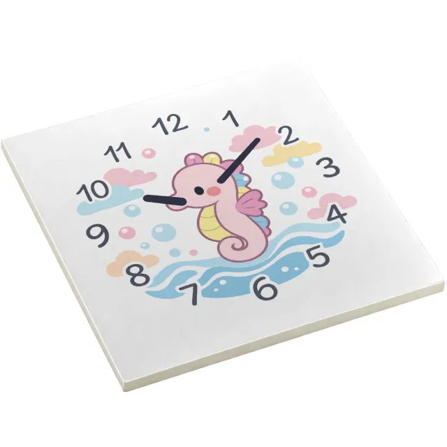 Mr Cadeautjes Decoratie tegel Onderwaterklok met een schattige zeepaardje-illustratie - 10,8 x 10,8 cm, keramiek - keuken, badkamer, woonkamer | cadeau Wit