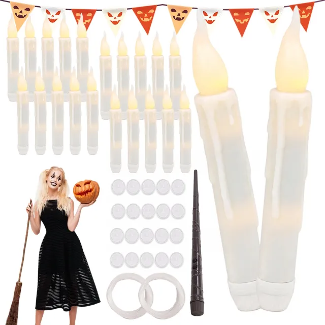 JIMUYU 24 Zwevende LED Kaarsen Met Toverstaf Afstandsbediening – Realistische Flikkerende Vlam En Compleet Ophangsysteem – Vlamloos En Veilig Op Batterijen – Voor Halloween En Kerstmis – Wit