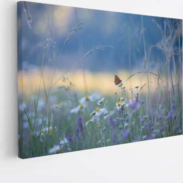 Saammp Canvas Schilderij - Vlinder - kleurrijk bloemenveld - Dieren - Natuur - 50x40 - Foto op canvas - Wanddecoratie - muurdecoratie Woonkamer - Slaapkamer decoratie - Canvas Print Multicolor