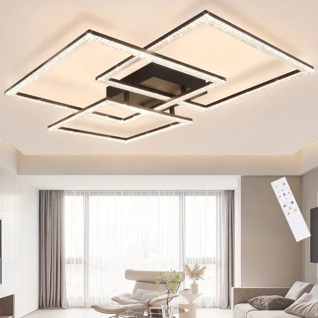NETTLIFE Plafondlamp LED - Zwart - 75CM - Kristallen Design - 3-Lichts - Modern Plafondverlichting - Dimbaar - met Afstandsbediening - voor Slaapkamer | Woonkamer - 80W
