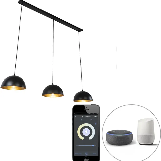 QAZQA magnax - Industriele LED Smart Hanglamp eettafel incl. wifi voor boven de eettafel | in eetkamer - 3 lichts - L 138 cm - Zwart Goud - Industrieel - Woonkamer | Slaapkamer | Keuken