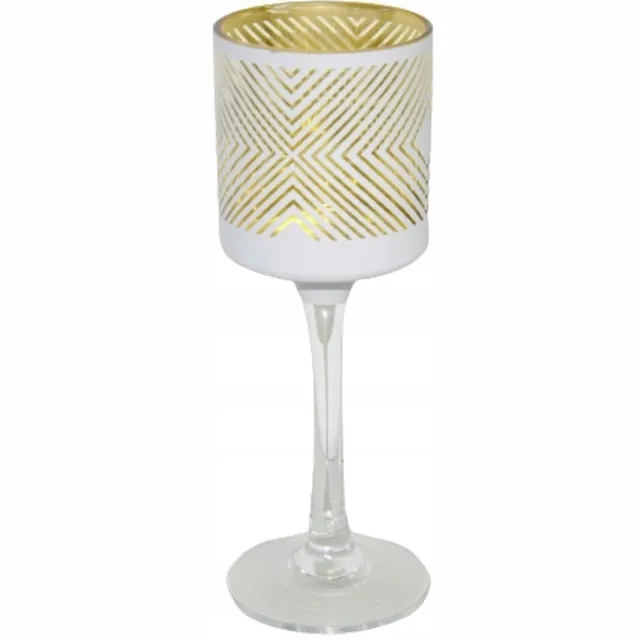 Ewax Hoge Witte & Gouden Glazen Vaas/Kandelaar met Strepen Wit/Goud