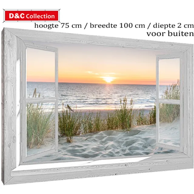 D&C Collection Tuincanvas venster doorkijk zeezicht - 75x100x2 cm - doorkijk poster wit raam met houtnerf print - tuindoek strand - zonsondergang - tuindecoratie - tuinposter voor buiten - op houten frame gespannen wit, groen, blauw