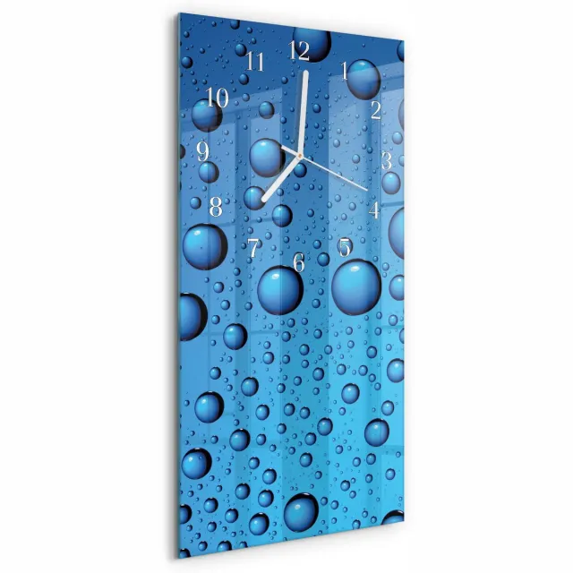 TULUP Wandklok - Druppels Wandklok Glas Decoratie - 30x60 cm - Blauw Gekleurde Glazen Klok - Witte Handen - Rechthoekige Wandklok - Glazen Klok Met Print - Wandklok Glas Met Motief Blauw - Druppels