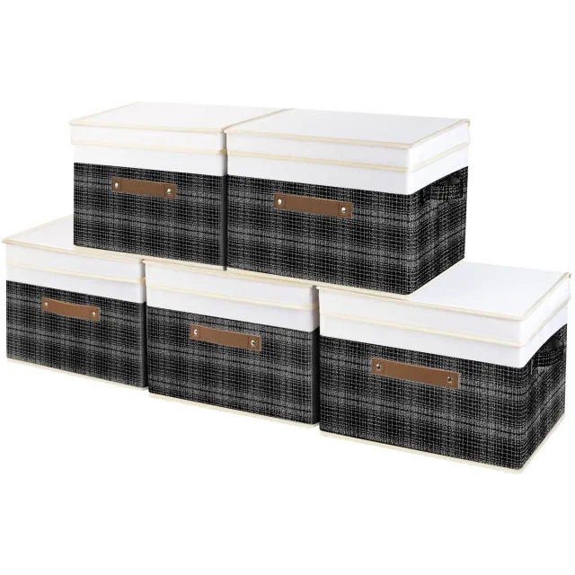 Ibenzoa Robuuste Opvouwbare Opbergdozen met Deksels – Set van 5 Stuks, Zwart Grijs