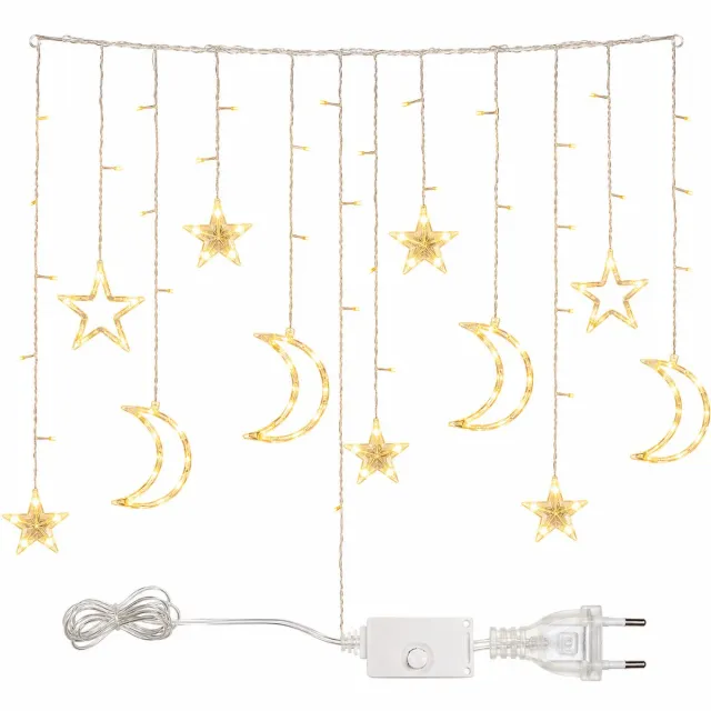 Gloovon LED Lichtgordijn Sterren en Maan - 8 Lichtstanden & Warm Wit - Raamverlichting voor Binnen - 3,5 Meter - 12 Strengen - 220V