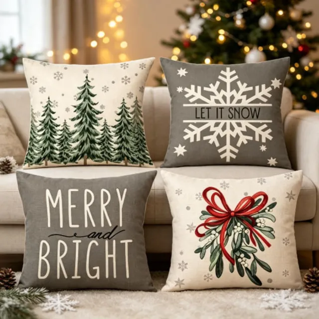 Flintry Set van 4 kerstkussenhoezen van katoenfluweel, decoratief vierkant kussen voor thuis of op kantoor, 45 x 45 cm(vulling niet inbegrepen)