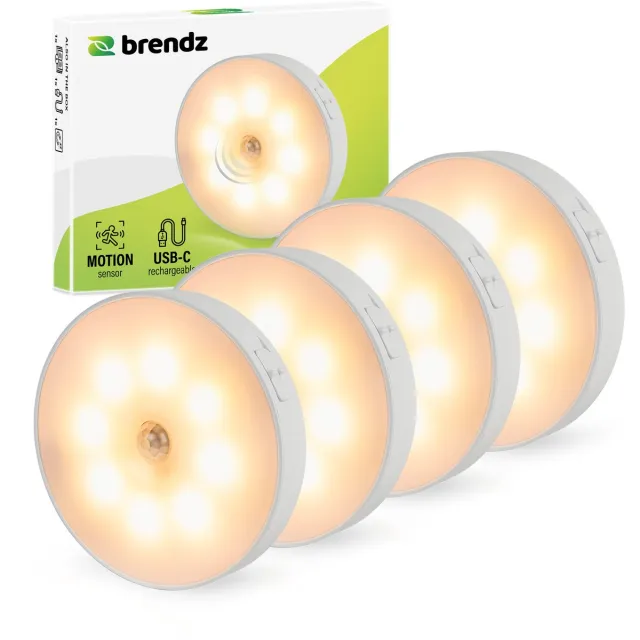 Brendz LED ronde Kastverlichting met Bewegingssensor, USB-C Oplaadbaar, Magnetisch, 4 stuks, Warm wit 3000K, Trapverlichting draadloos, Nachtlampje Zilver Sensor