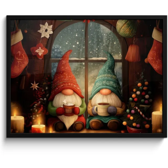 FrameYourWall Poster in lijst - Fotolijst 70x50 cm - Posters - Gnooms - Kerst - Raam - Kleurrijk - Posterlijst zwart - Decoratie - Wanddecoratie woonkamer - Muurdecoratie slaapkamer - Kerstversiering - Kerstdecoratie voor binnen - Kerstmis