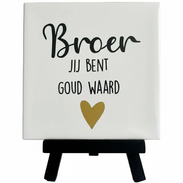 Snoes Tegeltje "Broer Jij Bent Goud Waard" inclusief schilders ezeltje zwart - Uniek Cadeau voor je Broer | Wit Keramiek met Mat Gouden Hartje