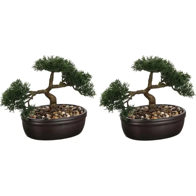Atmosphera Kunstplant Bonsai boompje - Set van 2x stuks - 23 cm - in keramische - nepplant - boom Zwart