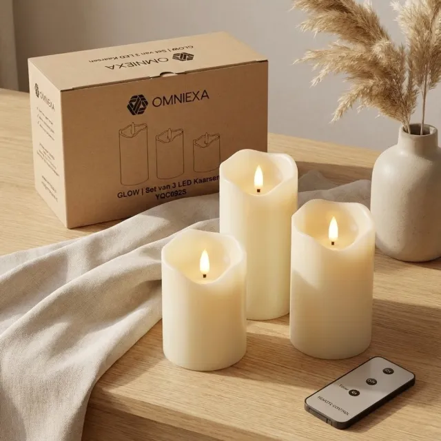 OMNIEXA LED Kaarsen Set van 3 - Echte Was - Golvende Top - Afstandsbediening met Timer - Crème Wax wit