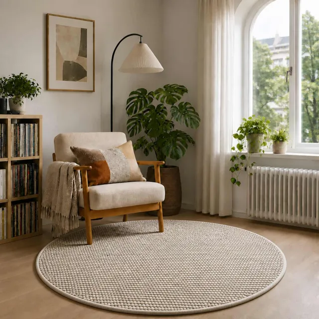 vidaXL Vloerkleed Beige Ø 120 cm 100% Polyester 3 mm Wasbaar, foto 2