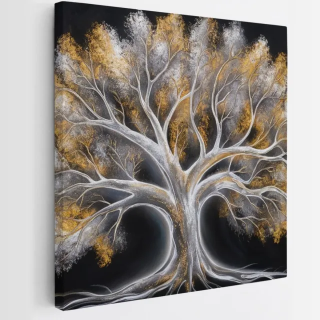 Saammp Canvas Schilderij - Goud zilvere boom - Abstract - 30x30 - Foto op canvas - Wanddecoratie - Muurdecoratie Woonkamer - Slaapkamer decoratie - Canvas Print Multicolor
