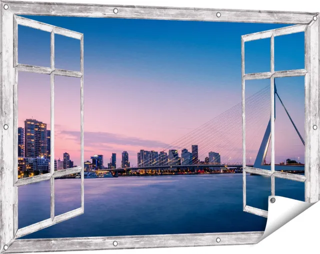 Gards Tuinposter Doorkijk Erasmusbrug in Rotterdam met Zonsondergang - 120x80 cm - Tuindoek - Tuindecoratie - Wanddecoratie buiten - Tuinschilderij Grijs