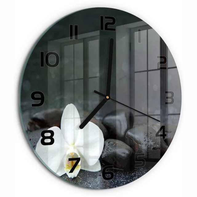 TULUP Wandklok - Orchidee Moderne Wandklok Glas - fi30 cm - Zwart Wandklok Glas Decoratie - Zwarte handen - Ronde Klok - Glazen Wandklok Design - Klok Glas Met Opdruk