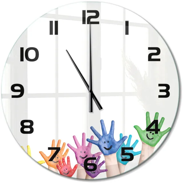 TULUP Wandklok - Geschilderde handen Decoratieve Glazen Klok - fi60 cm - Veelkleurig Glazen Wandklok Design - Zwarte handen - Ronde Klok - Glazen Klok Met Print - Wandklok Glas Met Motief