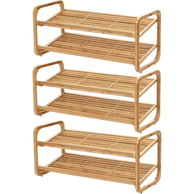 Zeller schoenenrek - 3x stuks - bamboe - 2-laags - 74 x 33 x 33 cm - stapelbaar - schoenen standaard Bruin