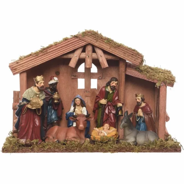 Decoris Kerststal - 8 figuren - MDF hout - 10 x 30 x 21 cm - kerstdecoratie Multi