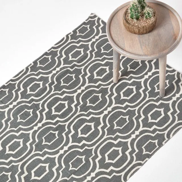 Homescapes Riga bedrukt katoenen vloerkleed met grijs en wit patroon, 120 x 170 cm Grijs, Wit