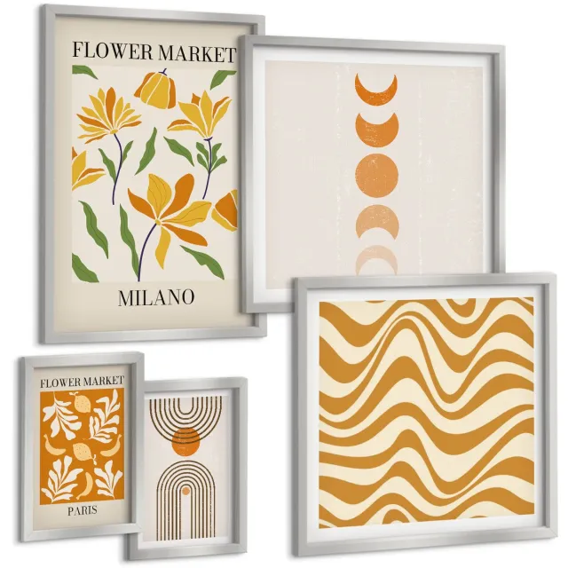 Coloray 5-Delige Schilderij Set - Tropische Planten En Zomerse Decoraties - 20 x 30 cm - Decoratieve Schilderijen - Wanddecoratie - Hal - Interieur Decoratie Zilveren lijst