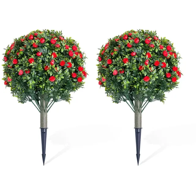 Triumpunpre Set van 2 Kunstmatige Bomen met Grondpen – Bolvormige Rozenbal met Rode Bloemen – Kunstplant voor Buiten 60 cm – PE – Onderhoudsvrij – Tuin, Terras & Balkon 1 set PE kunstbomen met grondpennen, 2 stuks met rode bloemen PZD-1-235, 60 × 40 cm