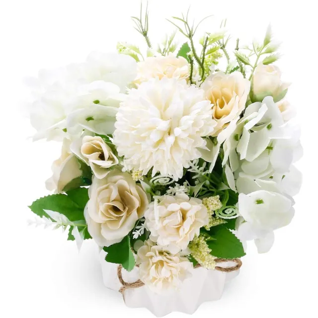 CSGoods Kunstbloemen met vaas voor huisdecoratie en bruiloft - Realistische hortensia-rozen - Nepbloemenarrangementen in pot Any
