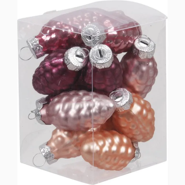 Othmar Decorations 12x Dennenappel kersthangers/kerstballen rood/roze/paars (hibiscus) van glas - 6 cm - mat/glans - Kerstboomversiering Multi