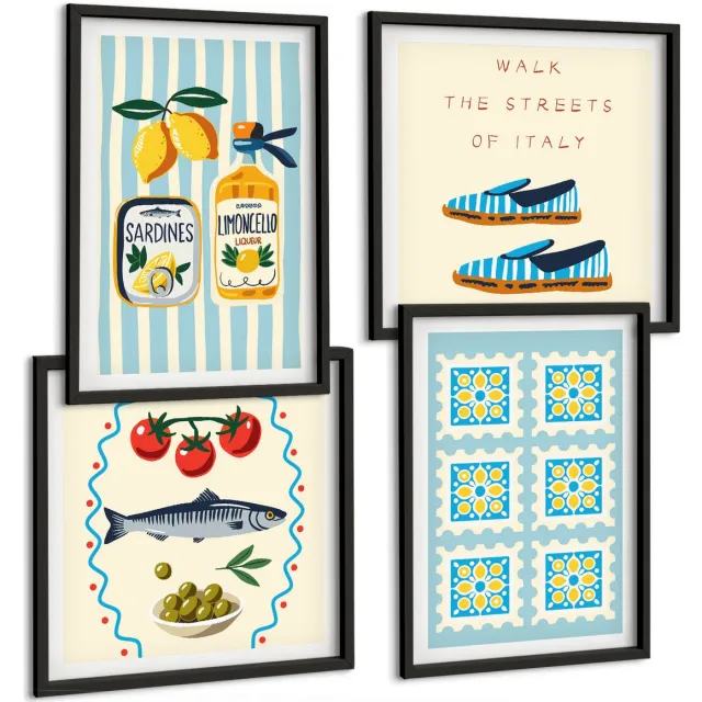 Coloray 4-Delige Schilderij Set - Fruitpatronen En Elementen Van De Italiaanse Cultuur - 40 x 40 cm En 40 x 60 cm - Moderne Wanddecoratie - Woonkamer Zwarte lijst