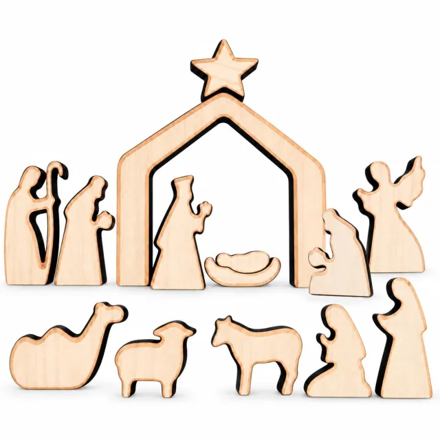 Famanu 14-delige houten kerststal set met kerststalfiguren voor het vertellen van het kerstverhaal, perfect voor het creëren van een feestelijke sfeer in huis tijdens de kerstperiode