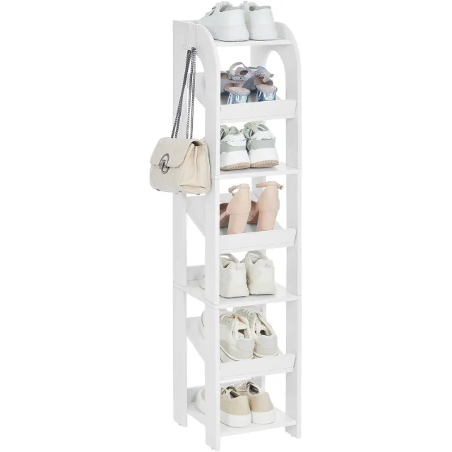 HILINSIE Verticaal Schoenenrek, 7 Etages, Smal Schoenenrek, Houten Schoenenorganizer Voor Kast, Ingang, Schoentoren Voor Kleine Ruimtes, Vrijstaand, Verstelbaar, Met Haken, Wit
