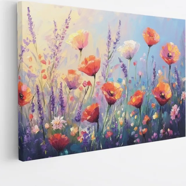 Saammp Canvas Schilderij - Kleurrijk Bloemenveld Abstract - Natuur - bloemen - 90x60 - Foto op canvas - Wanddecoratie - Muurdecoratie Woonkamer - Kantoor Decoratie Multicolor