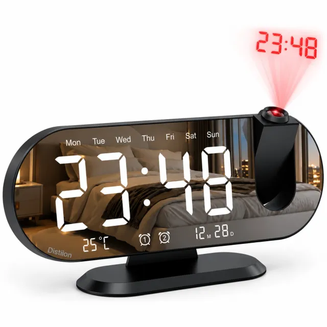 Distiion Projectiewekker met Spiegeldisplay - Digitale LED Wekker - 180° Projectie - Dubbel Alarm - USB - Temperatuur - Luchtvochtigheid zwart