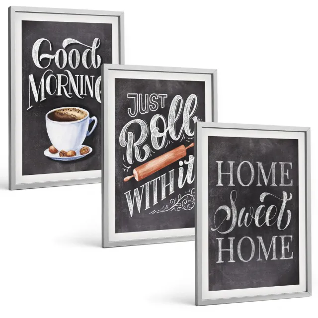 TULUP 4-Delige Schilderij Set - Home Keuken Motieven Schoolbord Lettering - 40 x 60 cm - Stijlvolle Wanddecoratie - Interieur - Interieur Decoratie Zilveren lijst