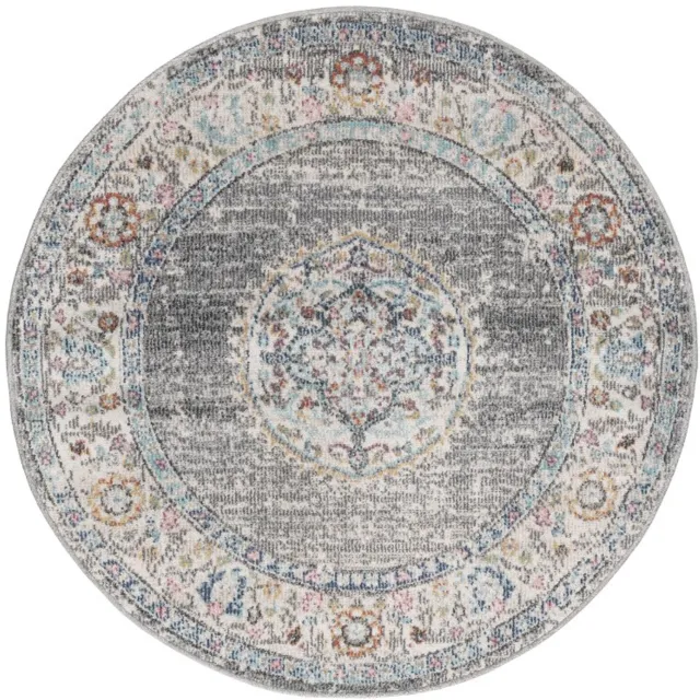 TapisTrend Designer tapijt Grijs 120 cm rond Vintage oosters binnen-/buitenkleed met bloemenmedaillon voor woonkamer, terras en balkon