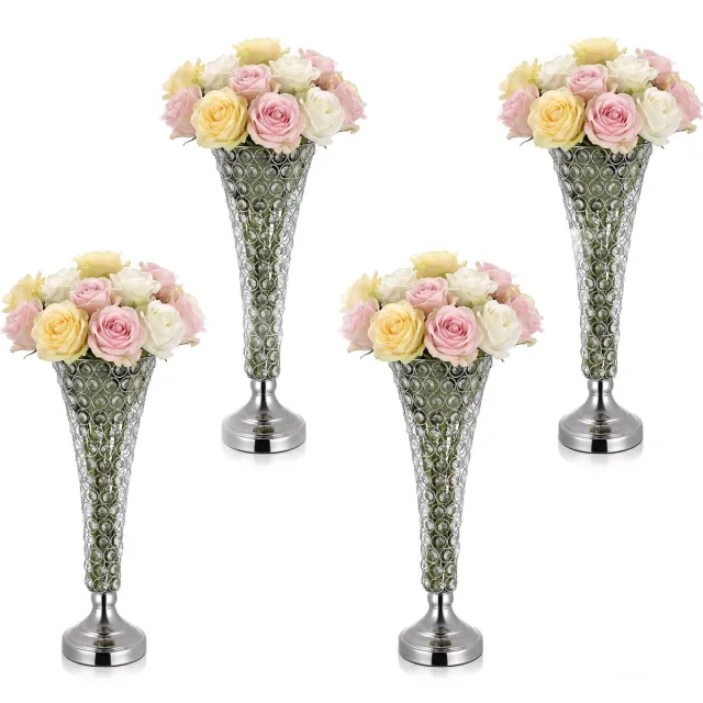 Vevor 4 Stuks Trouwvazen, Bloemvazen ​​voor Bruiloften, 51 Cm Hoog, Metalen Bloemvazen ​​Met Kristallen Bloemstandaards, Trompetvaas voor Bruiloften, Feesten, Jubilea en Ceremonies, Zilverkleurig