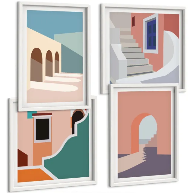 TULUP 4-Delige Schilderij Set - Pastel minimalistische stedelijke architectuurafbeeldingen - 40x40 en 40x60 - Stijlvolle Muurdecoratie - Slaapkamer - Woonkamer Decoratie Witte lijst