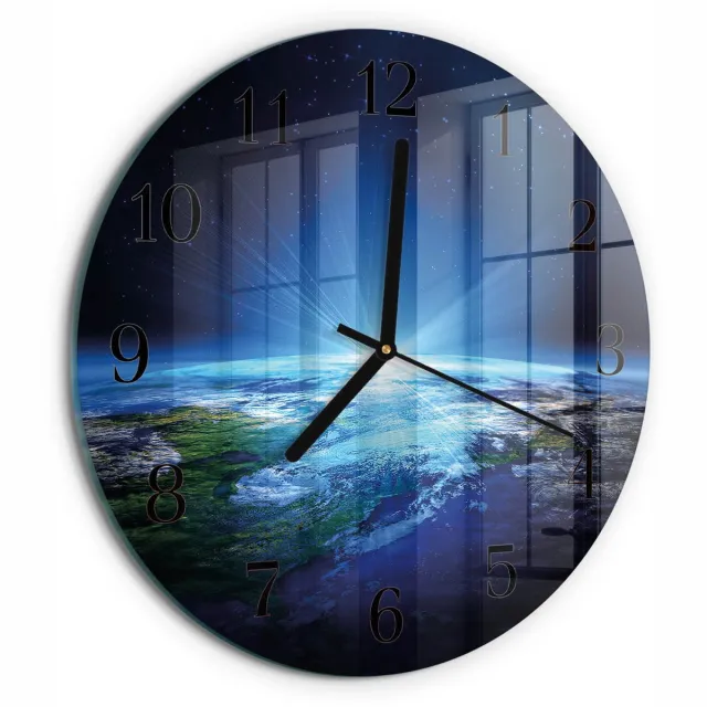 TULUP Wandklok - Het universum van de aarde Wandklok Glas Decoratie - 30fi cm - Blauw Gekleurde Glazen Klok - Zwarte Handen - Ronde Wandklok - Glazen Wandklok Design - Klok Glas Met Opdruk Blauw - Het universum van de aarde