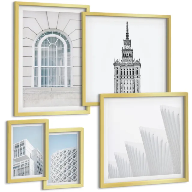 TULUP 5-Delige Schilderij Set - Moderne architectuur: minimalistische vormen en lijnen - 50 x 50 cm, 20 x 30 cm en 40 x 60 cm - Moderne Wanddecoratie - Woonkamer Gouden lijst