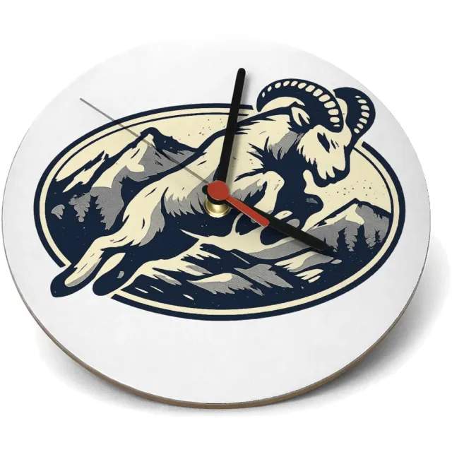 Mr Cadeautjes Klok rond Ø 19 - design Een krachtige berggeit die schuin over een ronde badge sprin | cadeau Wit