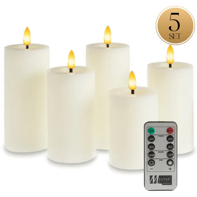 Meisterhome LED Kaarsen 5-delige Set Ivoor – Vlamloos & Flikkerend Licht – Met Afstandsbediening & Timer – Batterijverlichting – Ø7 cm, Hoogte 10/12,5/15 cm – Rustiek Design – Warm Wit Licht