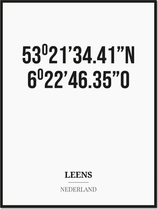 Studio216 Poster/kaart LEENS met coördinaten zwart, wit