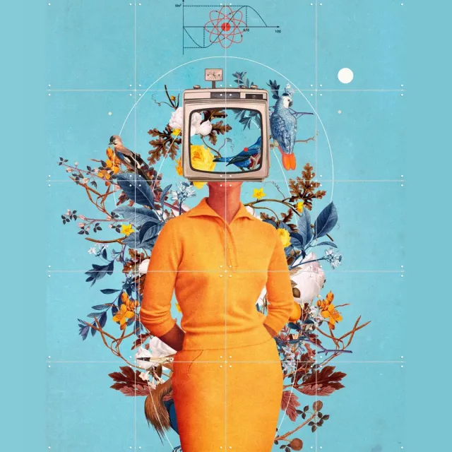 IXXI Don't feed the Monitors with your Dreams, Frank Moth - 80 x 100 cm - Grote wanddecoratie en posters - Pop art, Digitale Kunst, Collage Blauw