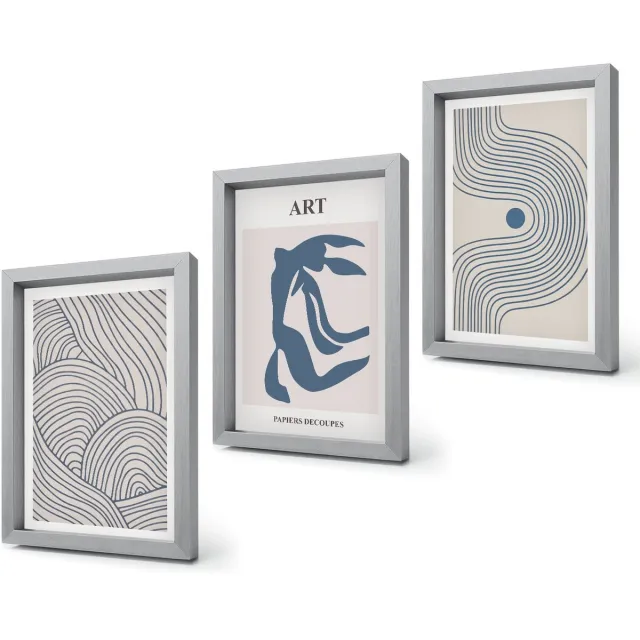 Coloray 4-Delige Schilderij Set - Abstracte patronen van lijnen en vormen in blauwe tinten - 20 x 30 cm - Muurdecoratie - Interieur Decoratie - Stijlvolle Muurdecoratie Zilveren lijst